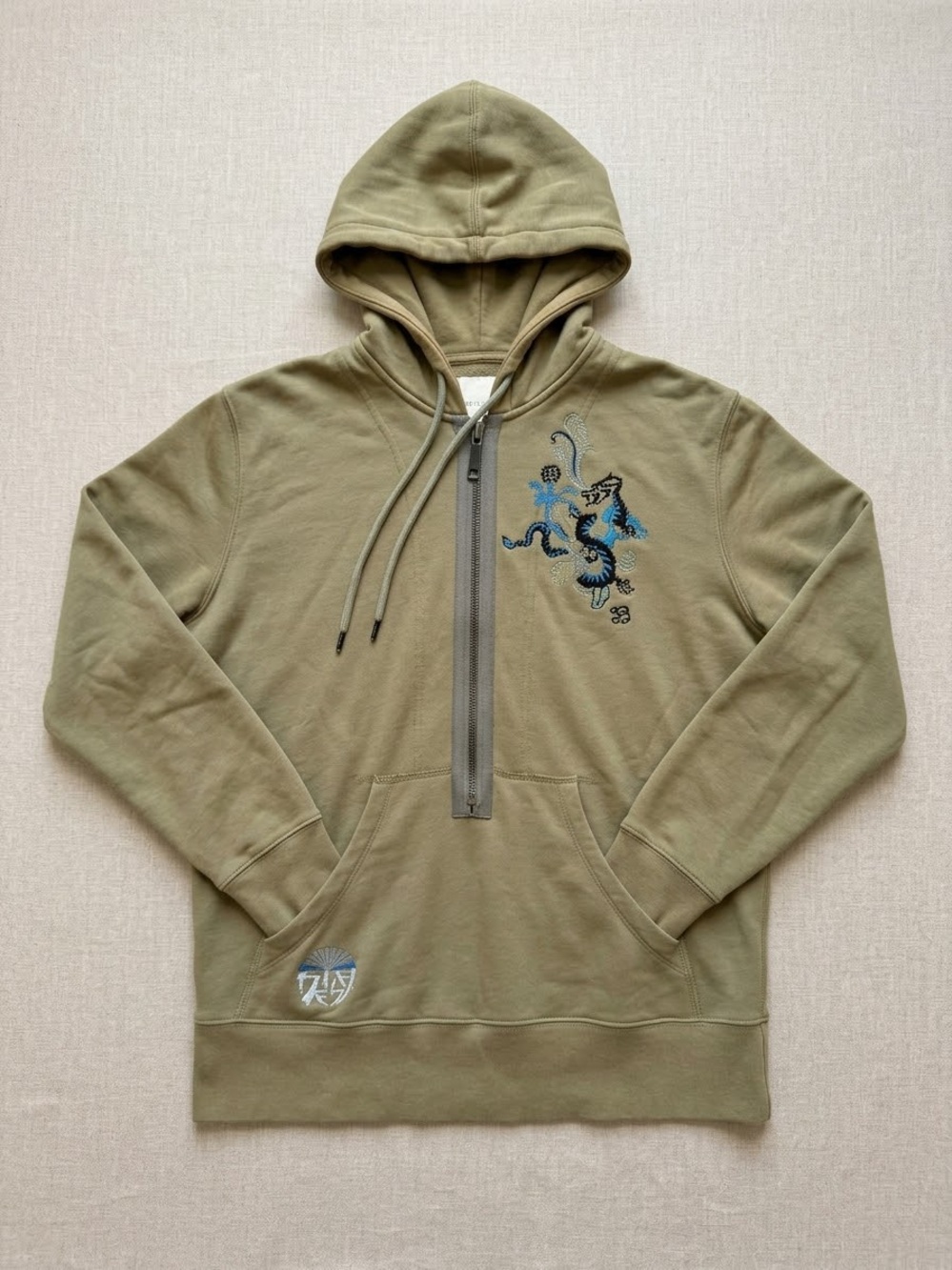 Diesel Olive Green Half‑Zip Hoodie with Blue Embroidered Dragon